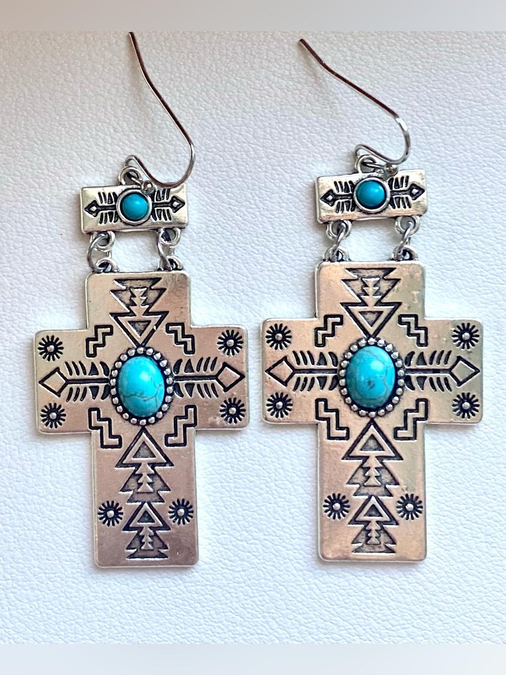 Turquoise Cross Drop Earrings - Silver-Tone Southwestern
